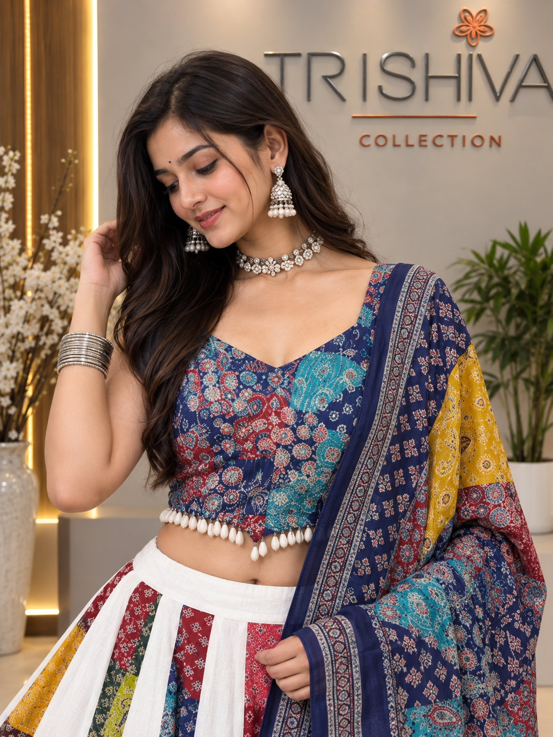 Multicolor Ajrakh Cotton Lehenga Set with Handcrafted Shell Work & Dupatta