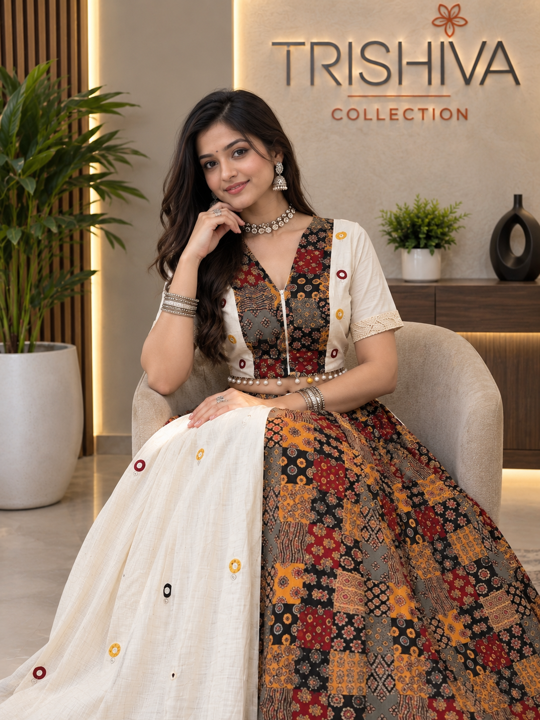 White & Multicolor Ajrakh Mirror Work Lehenga Choli