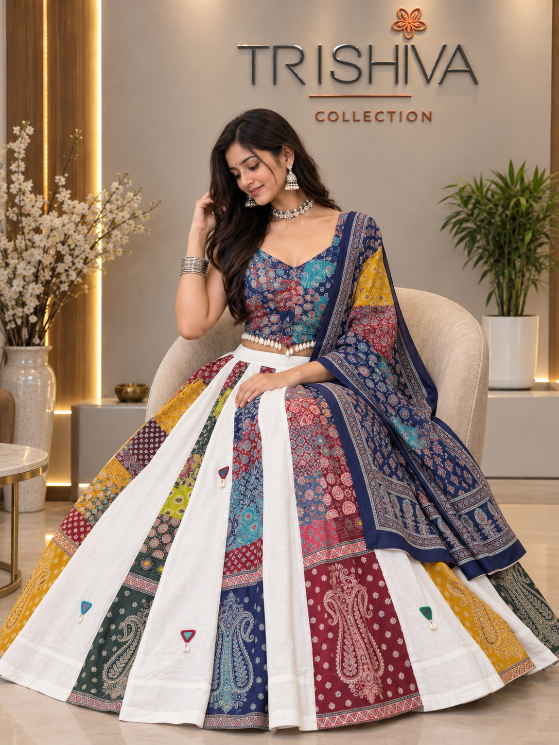 Multicolor Ajrakh Cotton Lehenga Set with Handcrafted Shell Work & Dupatta