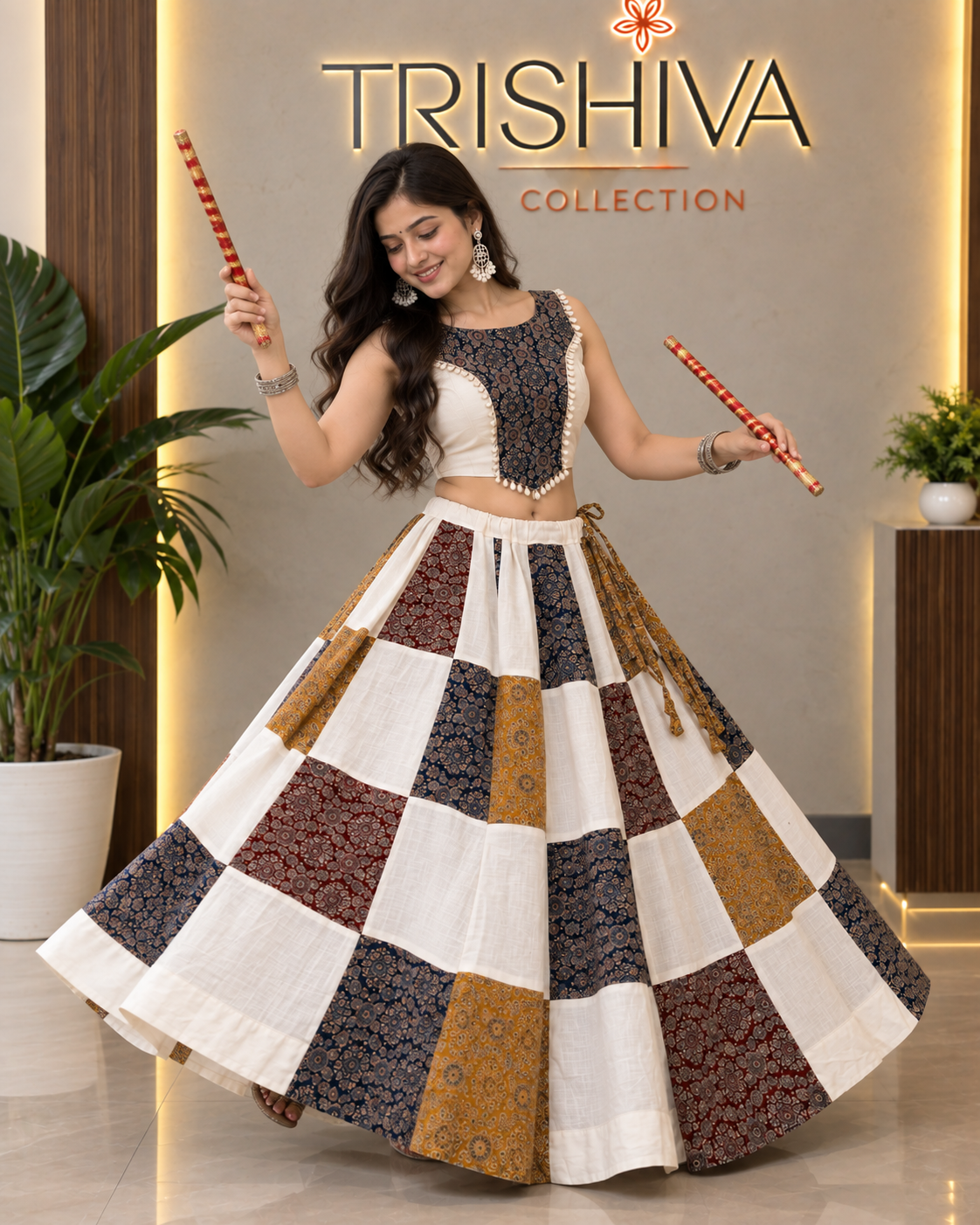 Navratri Special Ajrakh Patchwork Khadi Cotton Chaniya Choli