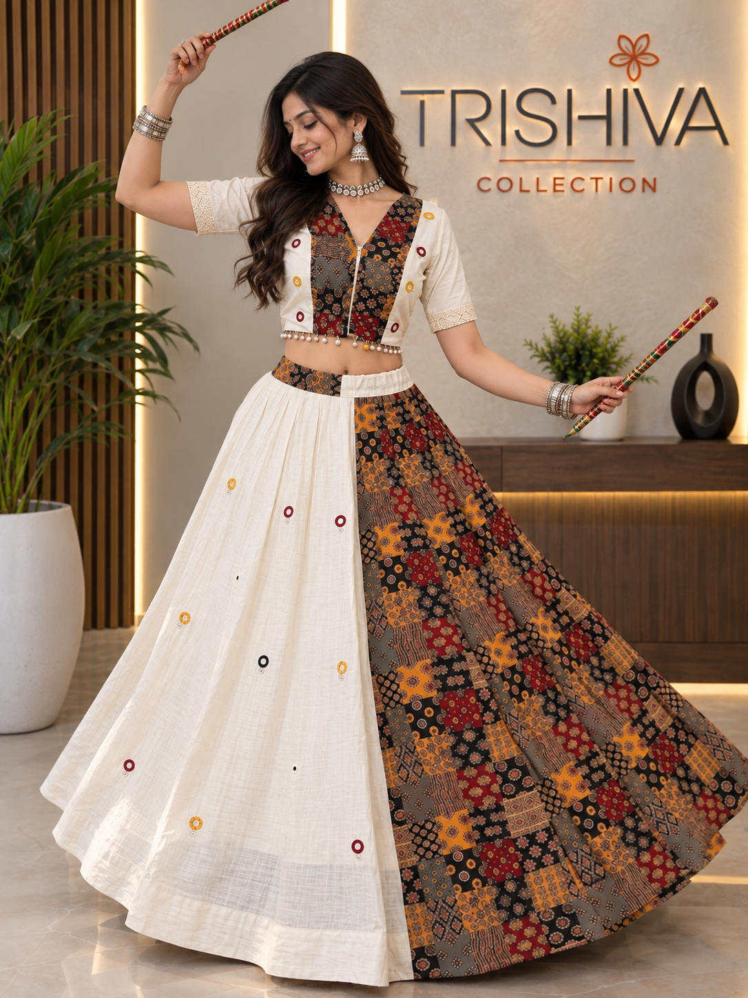 White & Multicolor Ajrakh Mirror Work Lehenga Choli