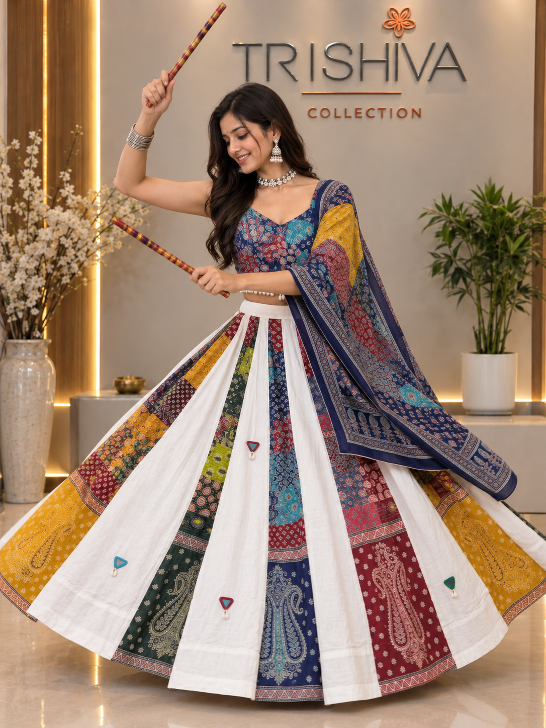 Multicolor Ajrakh Cotton Lehenga Set with Handcrafted Shell Work & Dupatta