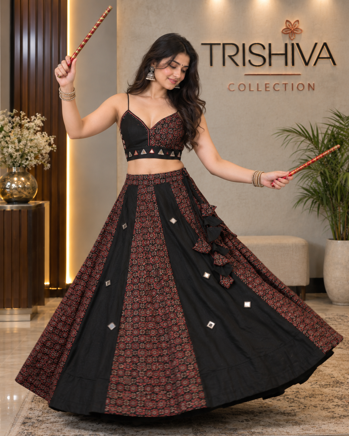 Black Ajrakh Mirror Work Lehenga Choli