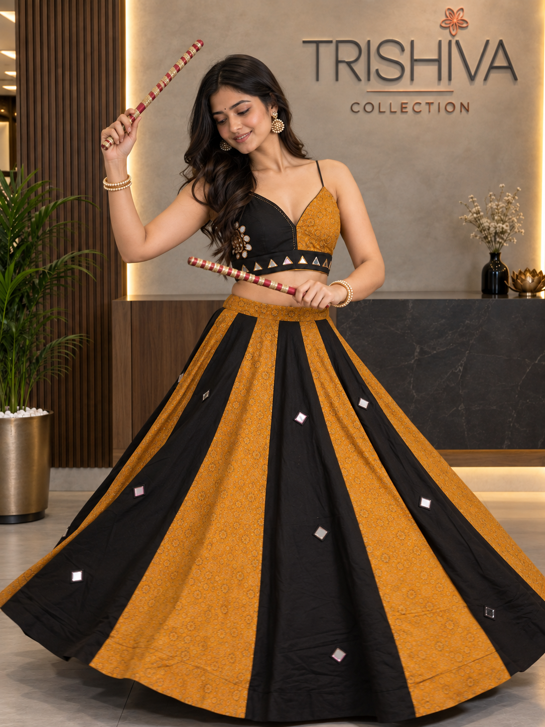 Black & Mustard Ajrakh Mirror Work Lehenga Choli