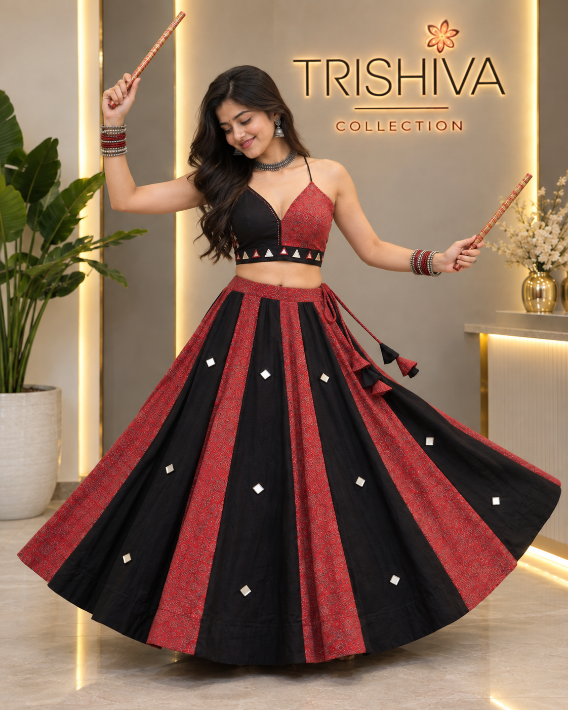 Black & Red Ajrakh Mirror Work Lehenga Choli