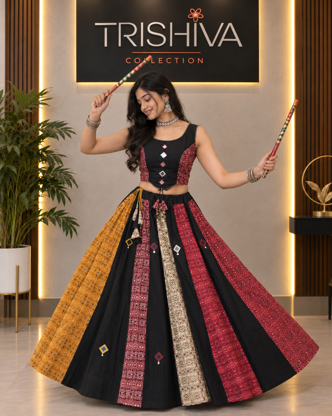 Black & Maroon Ajrakh Cotton Lehenga Set with Mirror & Ginni Work