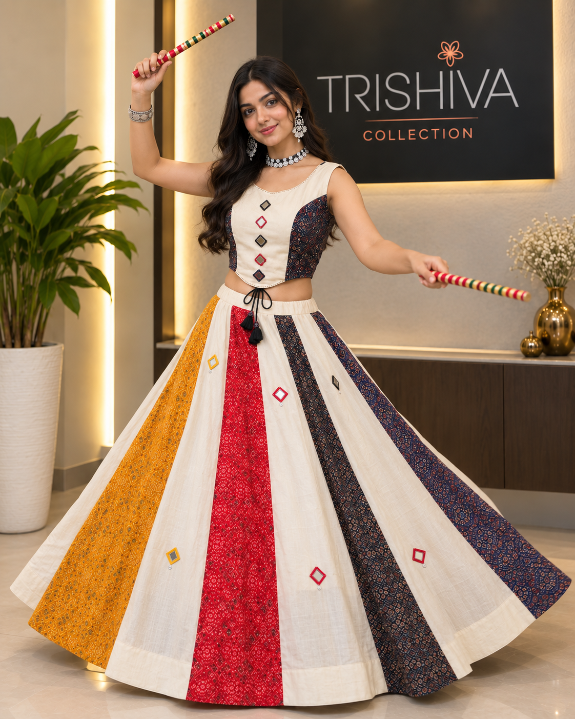 Multicolor Ajrakh Cotton Lehenga with Mirror &amp; Ginni Work – Stitched Ethnic Set