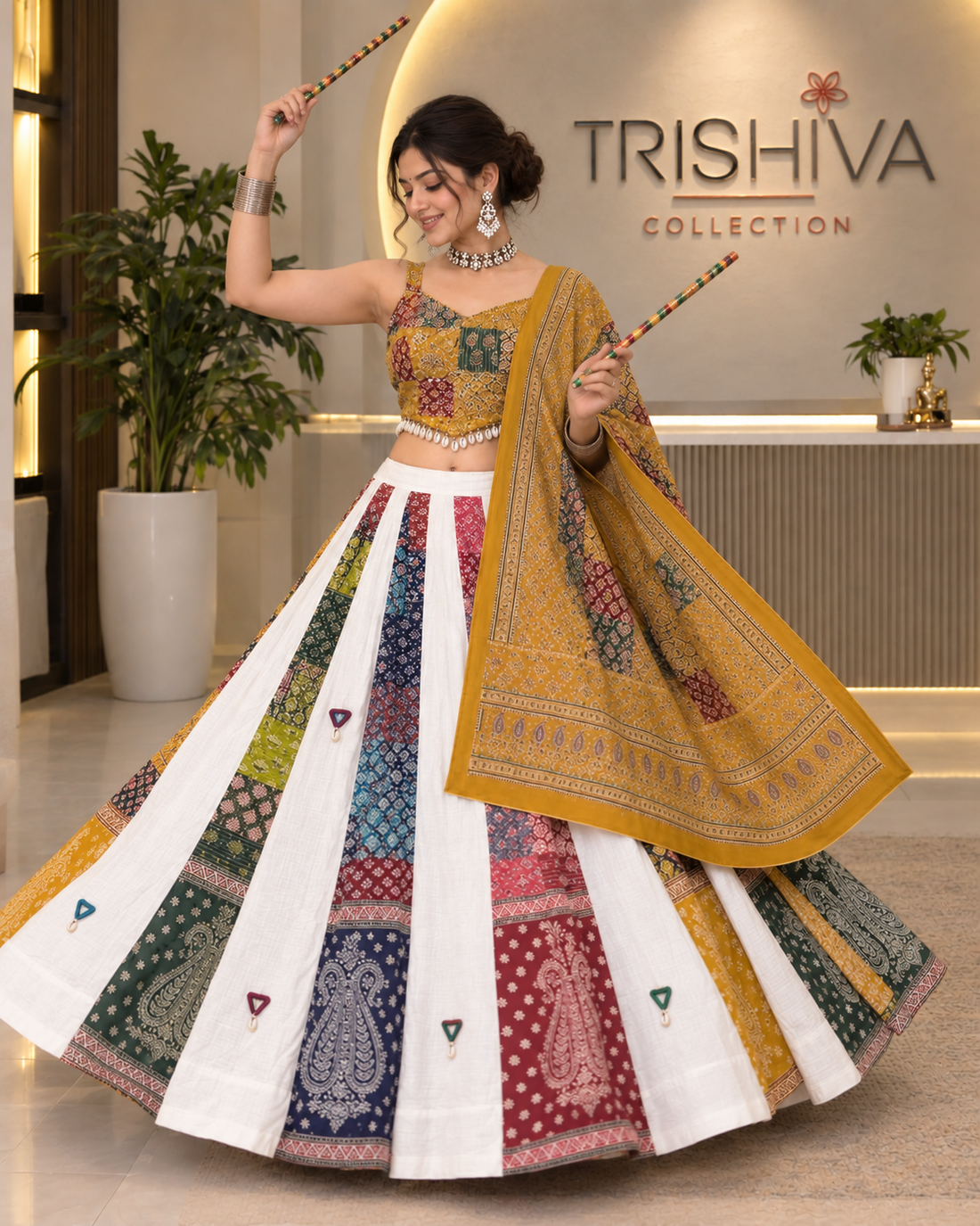 Mustard Ajrakh Cotton Lehenga Set with Shell Work, Stitched Blouse & Dupatta