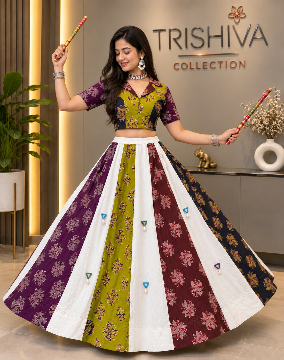 Multicolor Ajrakh Cotton Mirror Work Lehenga Set with Stitched Blouse