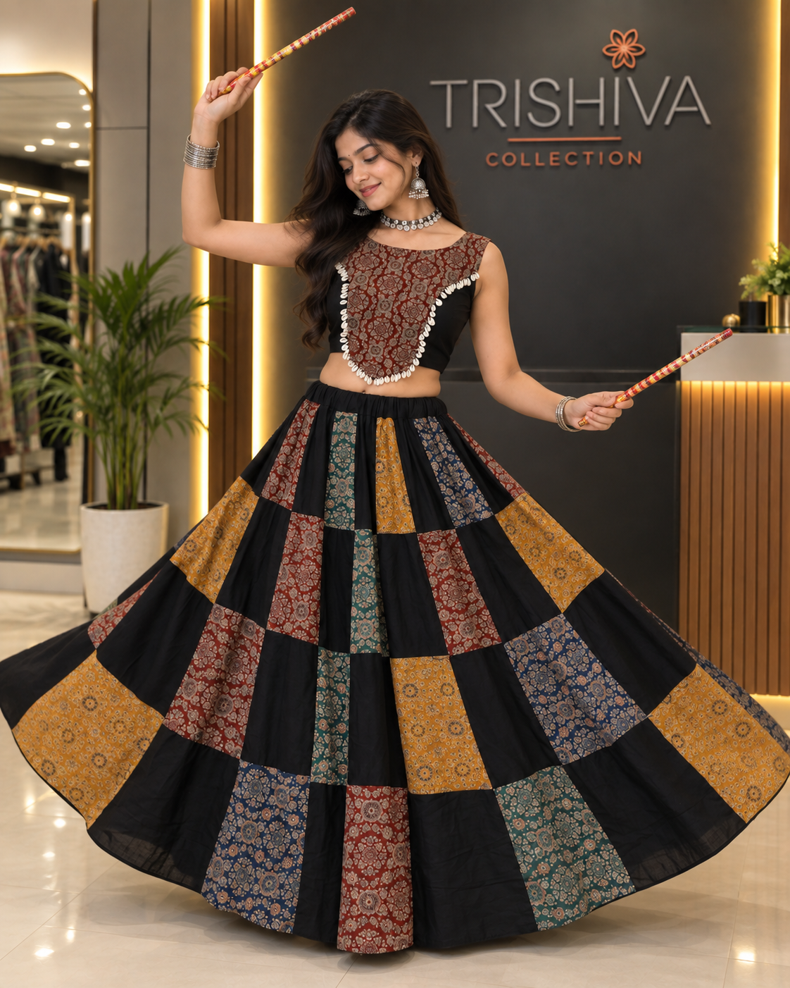 Women's Black Ajrakh Patchwork Khadi Cotton Stitched Lehenga with Ajrakh Cotton Shell Blouse | Ethnic Festive Wear