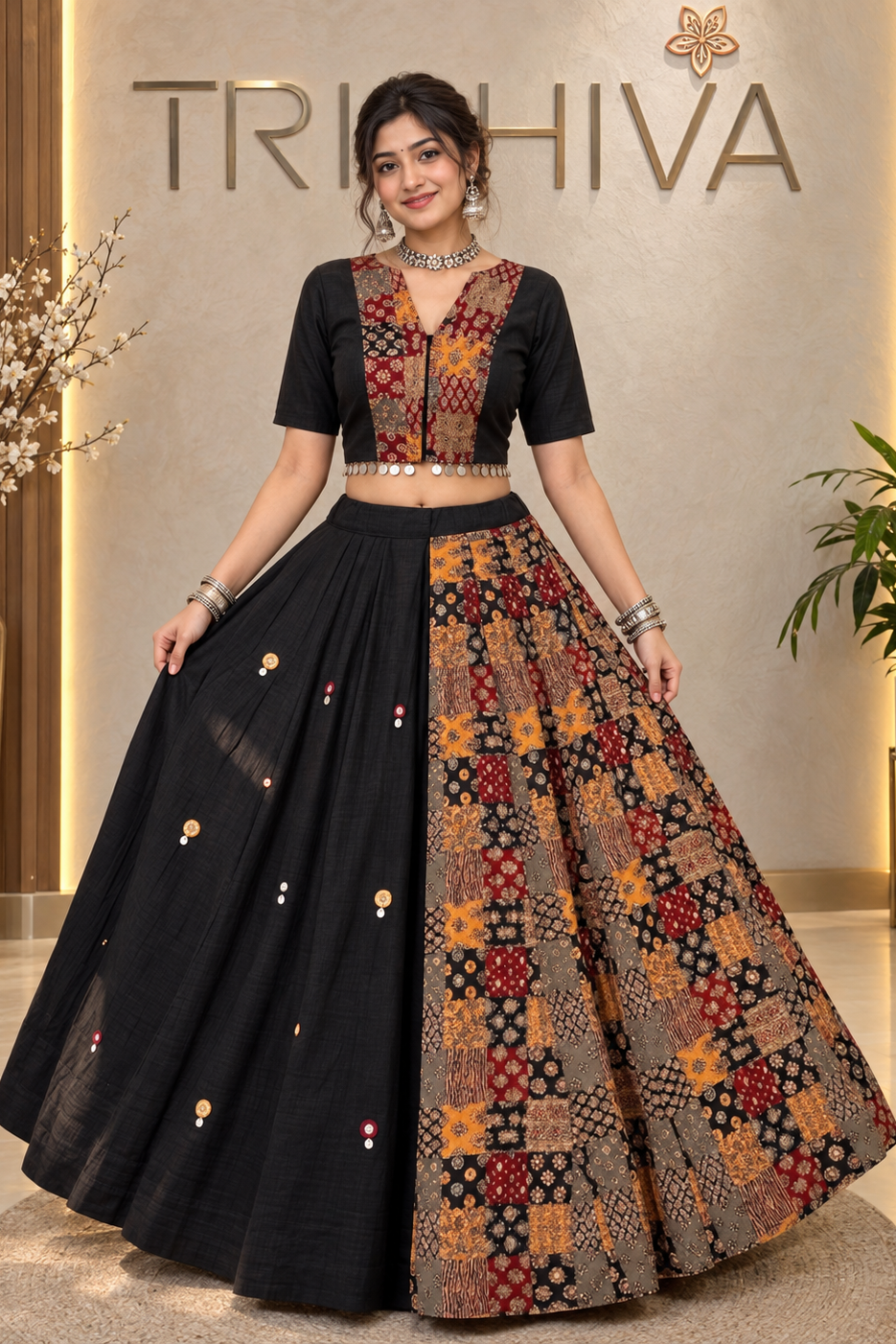 A woman models a black and multicolor embroidered traditional Indian outfit with a flared skirt and patterned blouse, standing in a decorated indoor setting with the brand name TRISHIVA visible on the wall behind her.