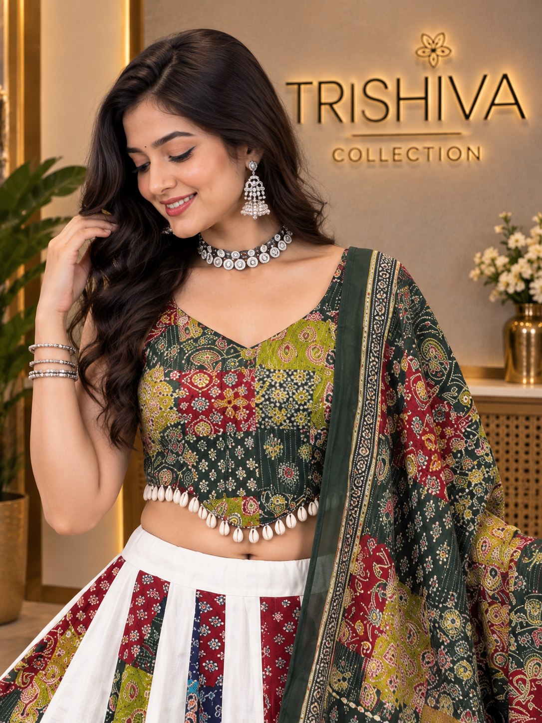 Multicolor Ajrakh Mirror & Shell Work Lehenga Choli