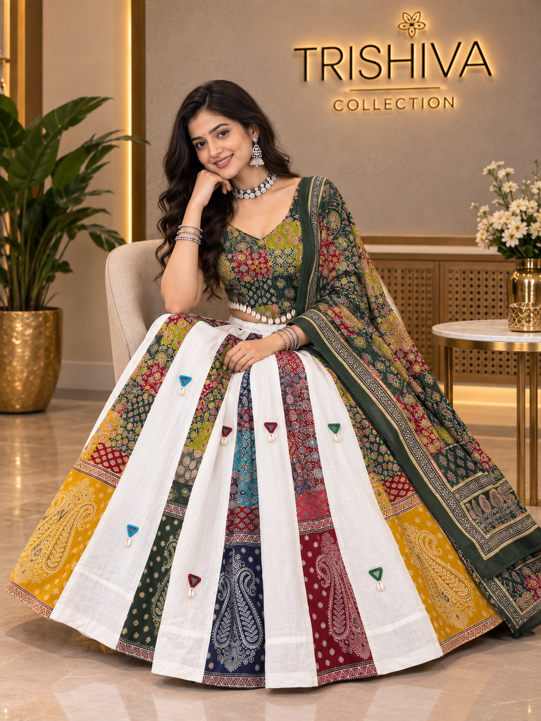 Multicolor Ajrakh Mirror & Shell Work Lehenga Choli