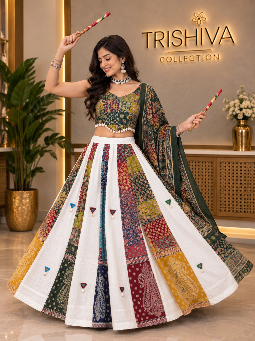Multicolor Ajrakh Mirror & Shell Work Lehenga Choli