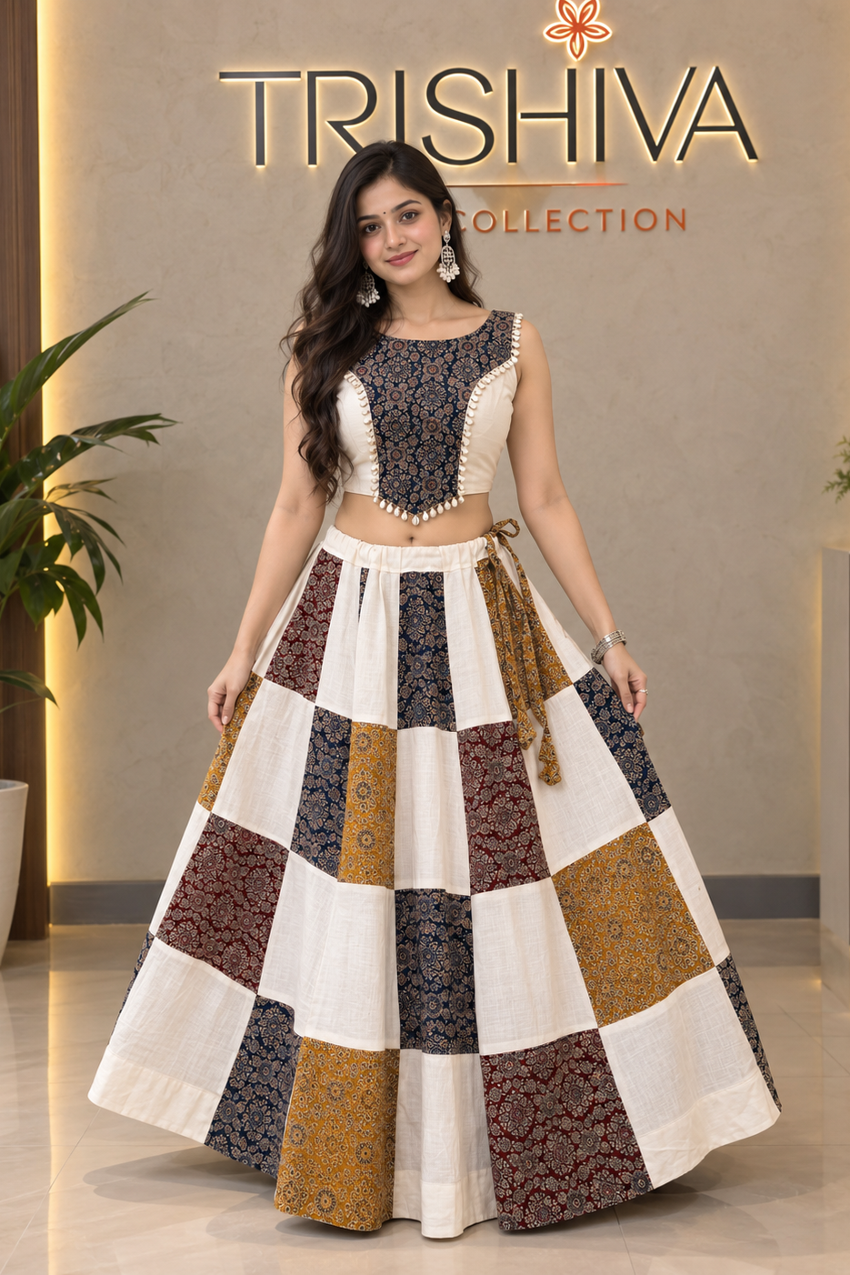 A woman models a Trishiva Collection two-piece outfit featuring a sleeveless crop top and a high-waisted patchwork flared skirt. The outfit has a dark navy blue and cream checkered pattern on the top and a large patchwork skirt with blocks of cream, navy, mustard yellow, and brown.