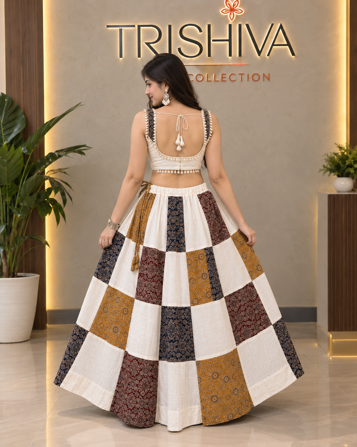 Navratri Special Ajrakh Patchwork Khadi Cotton Chaniya Choli