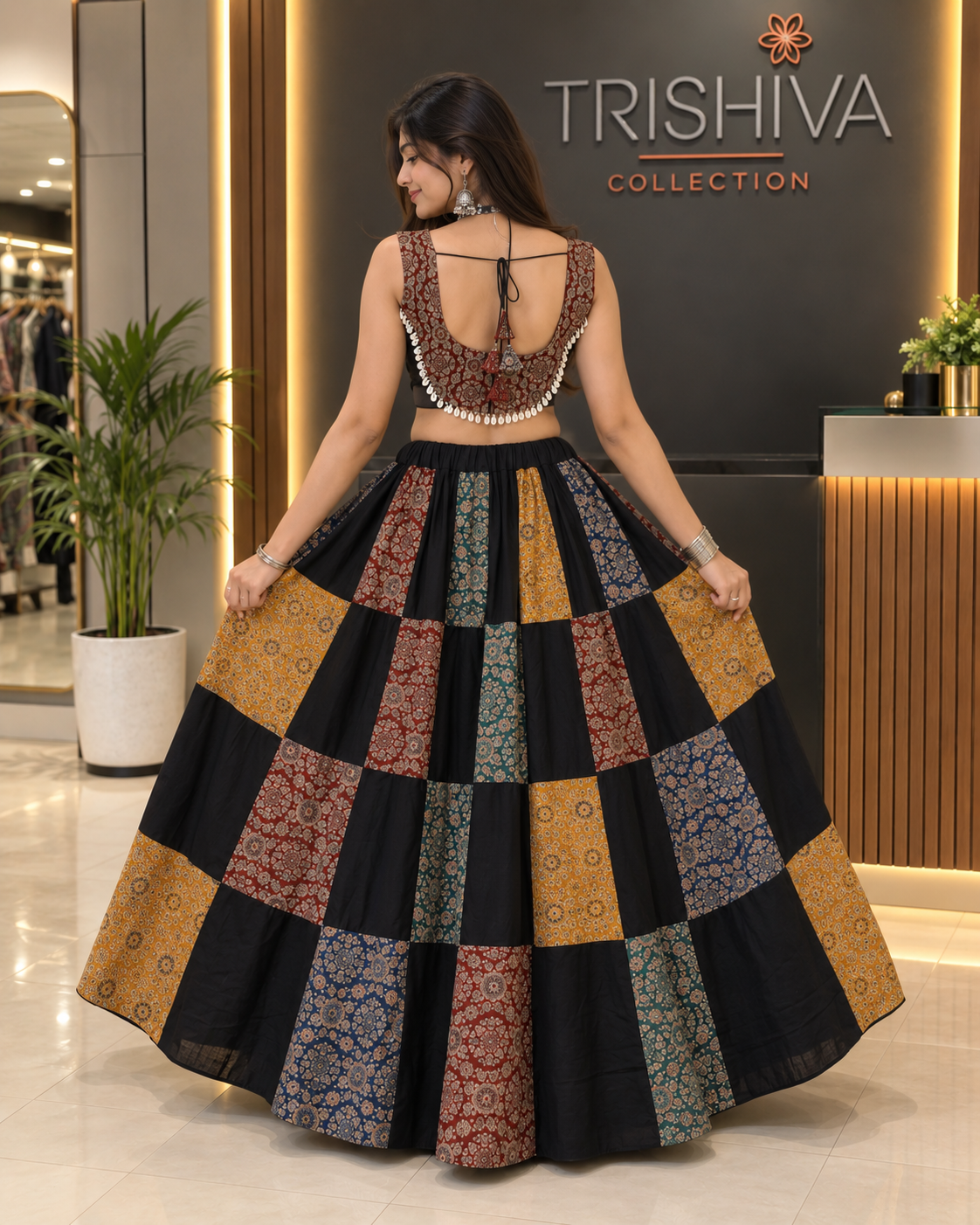 Women's Black Ajrakh Patchwork Khadi Cotton Stitched Lehenga with Ajrakh Cotton Shell Blouse | Ethnic Festive Wear