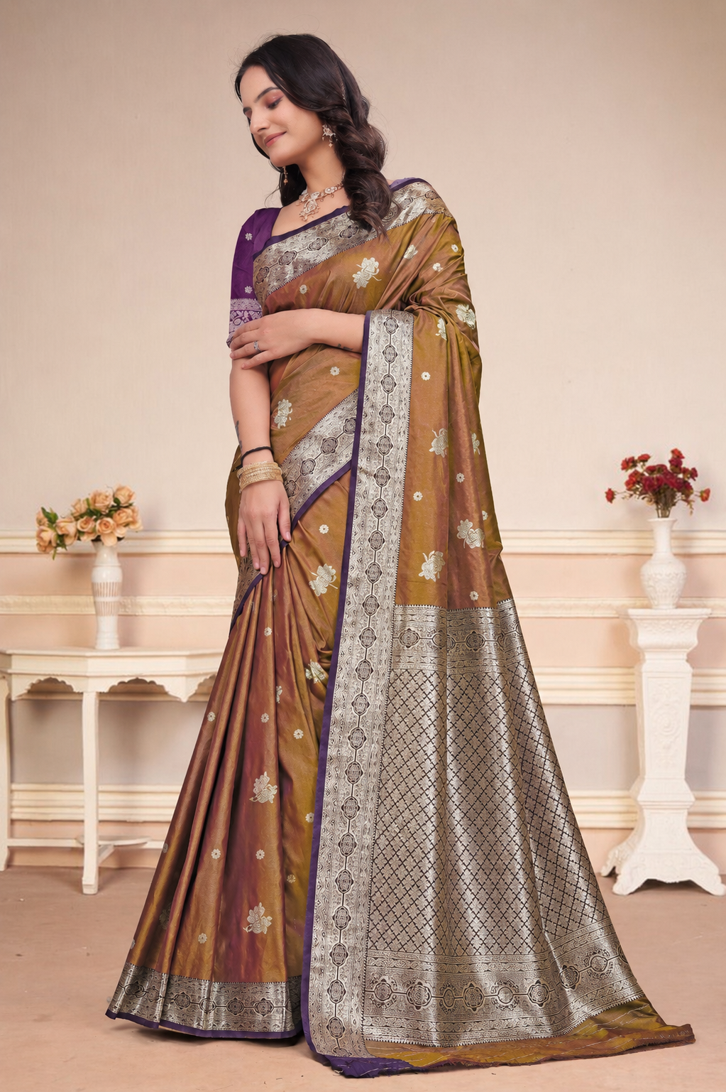 Mustard Brown Silk Saree with Purple Border & Zari Pallu