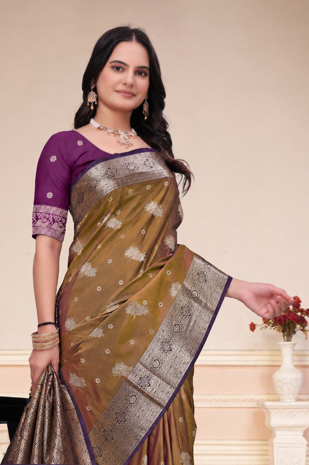 Mustard Brown Silk Saree with Purple Border & Zari Pallu