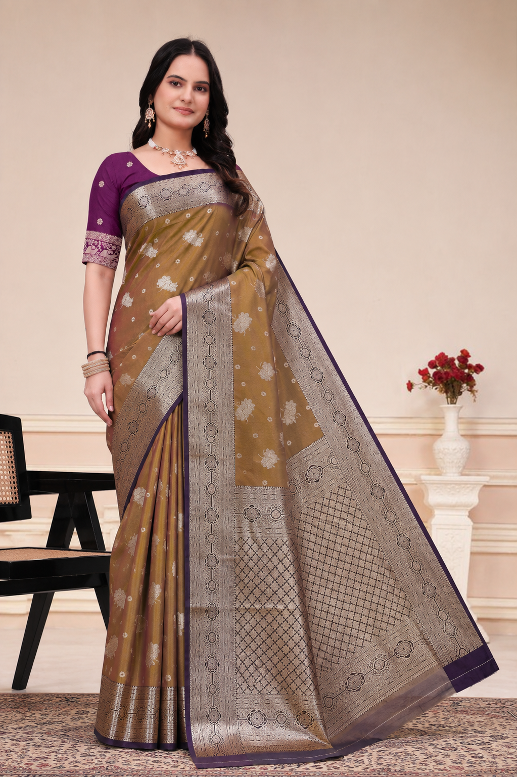Mustard Brown Silk Saree with Purple Border & Zari Pallu