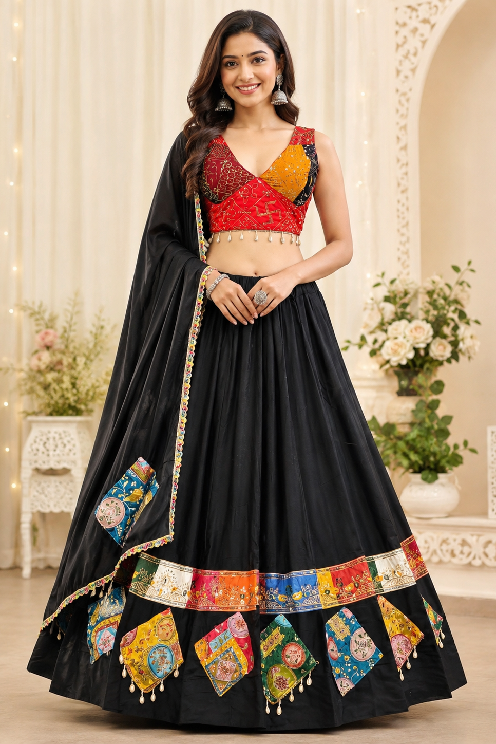 Women's Black Rayon Navratri Lehenga Choli with Gamthi Patch Work & Dupatta (Fully Stitched)