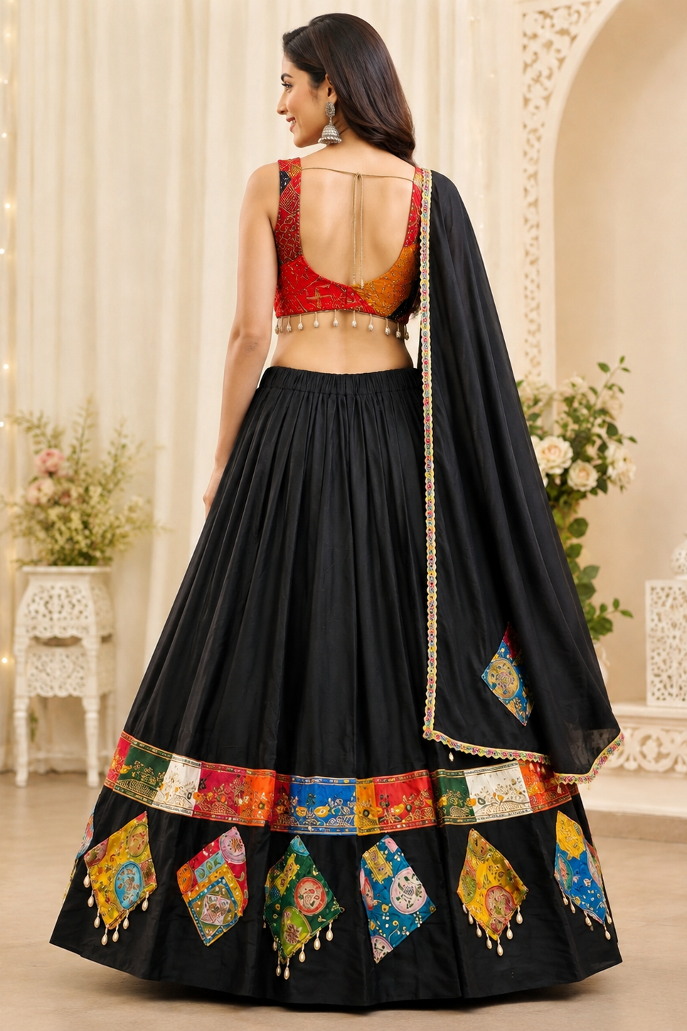 Women's Black Rayon Navratri Lehenga Choli with Gamthi Patch Work & Dupatta (Fully Stitched)