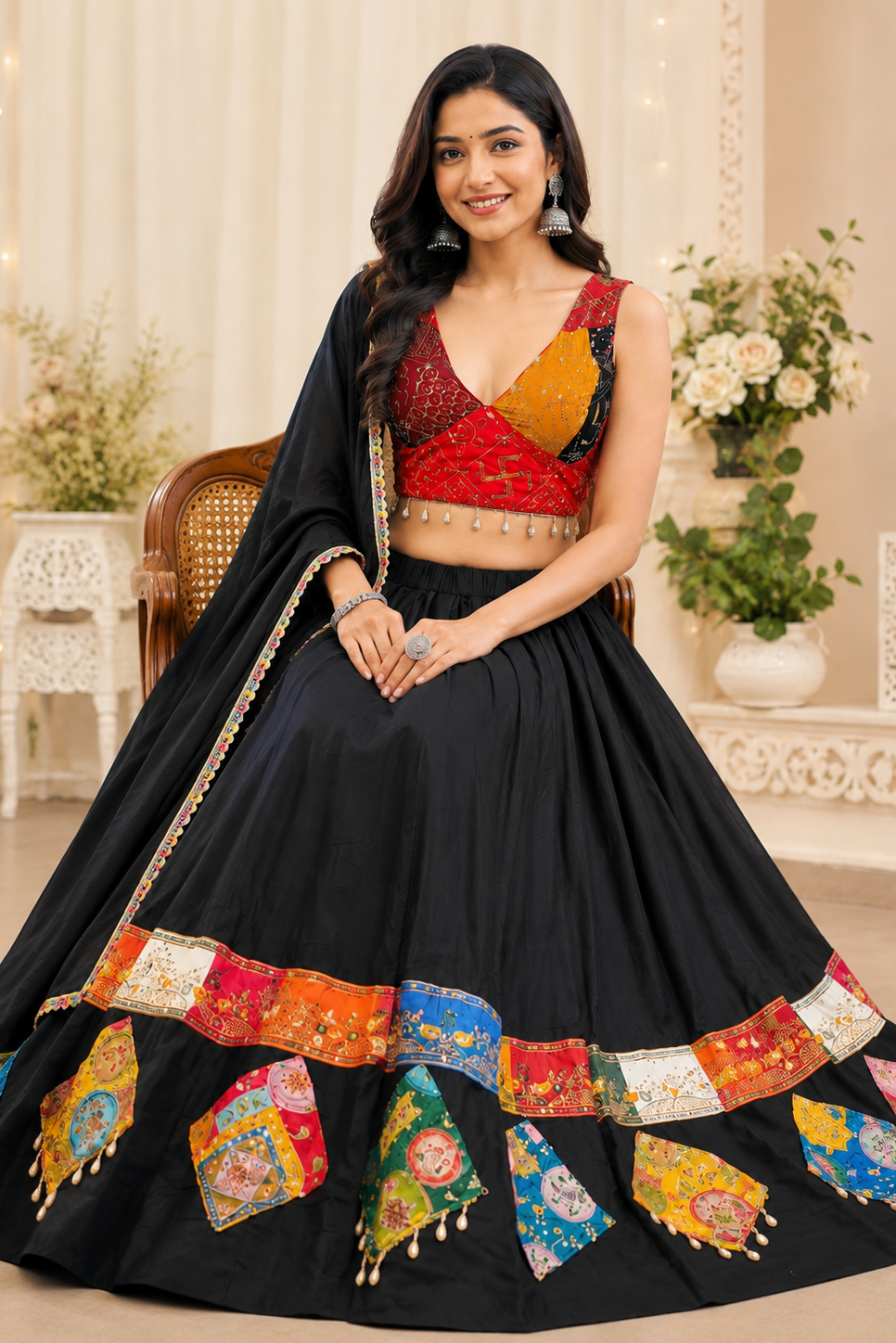 Women's Black Rayon Navratri Lehenga Choli with Gamthi Patch Work & Dupatta (Fully Stitched)