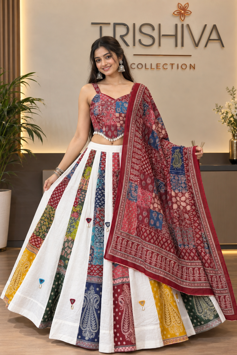 A woman models a traditional Indian lehenga choli set with a matching dupatta in a showroom. The outfit features a red and multicolor printed choli and a flared white lehenga with vertical panels of red, blue, yellow, and green patterns, paired with a red printed dupatta.
