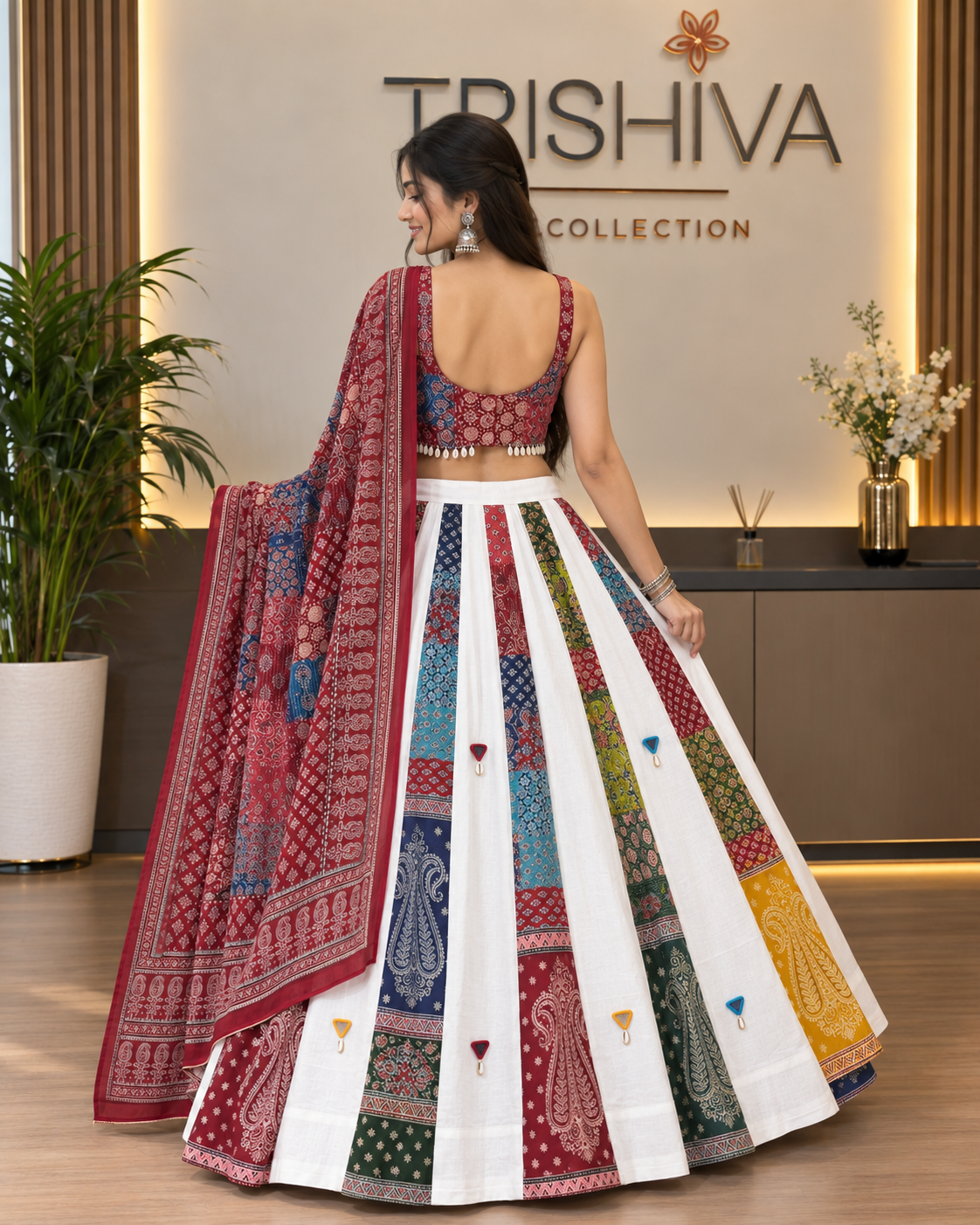 Maroon Ajrakh Cotton Lehenga Set with Shell Work, Stitched Blouse & Dupatta