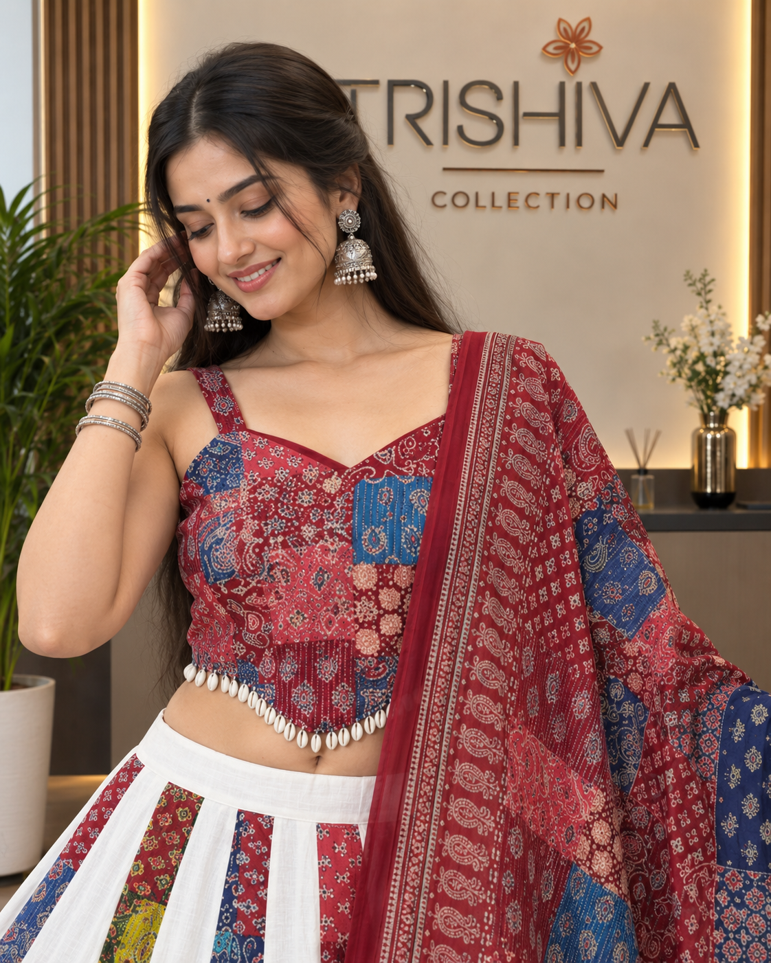 Maroon Ajrakh Cotton Lehenga Set with Shell Work, Stitched Blouse & Dupatta