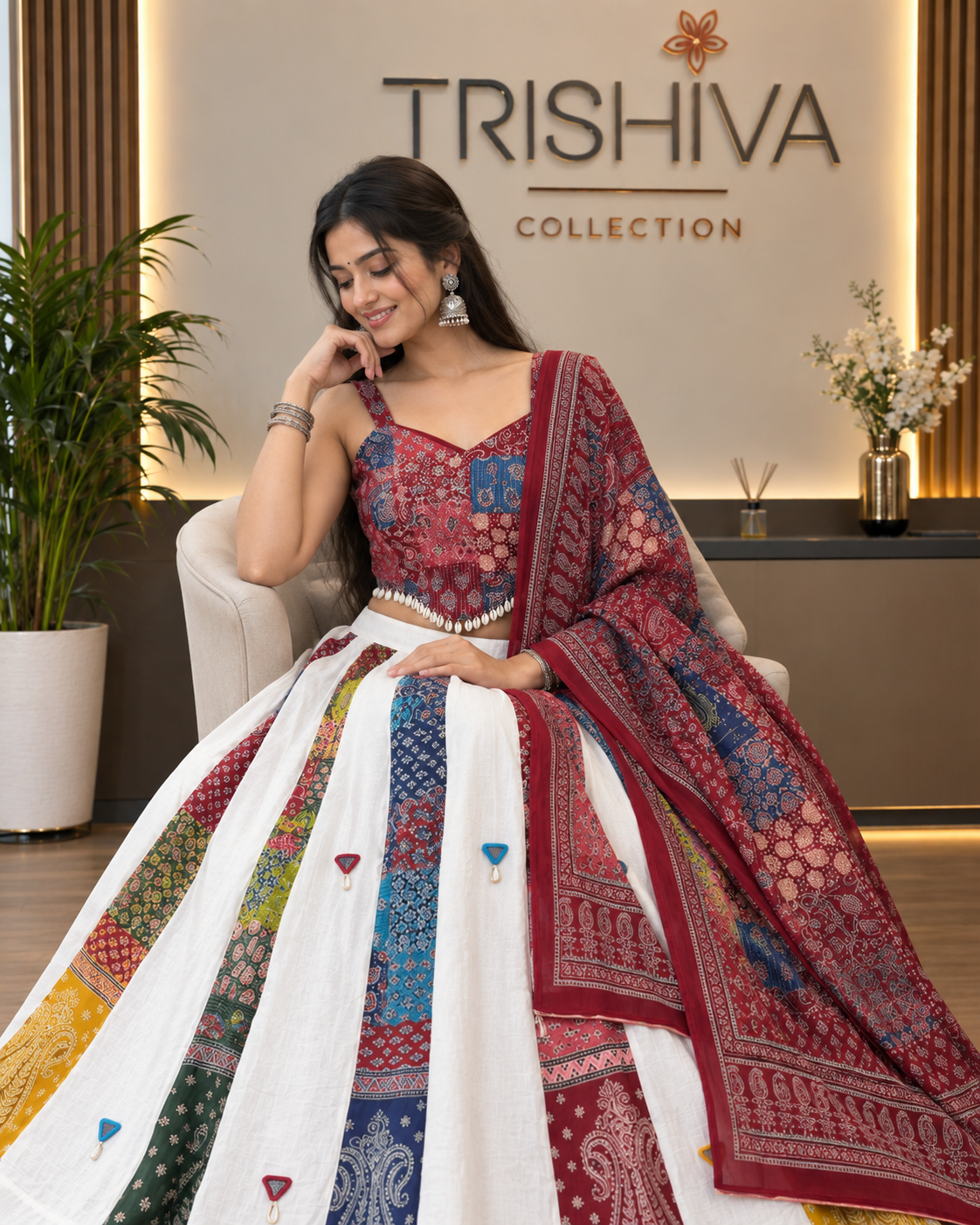 Maroon Ajrakh Cotton Lehenga Set with Shell Work, Stitched Blouse & Dupatta