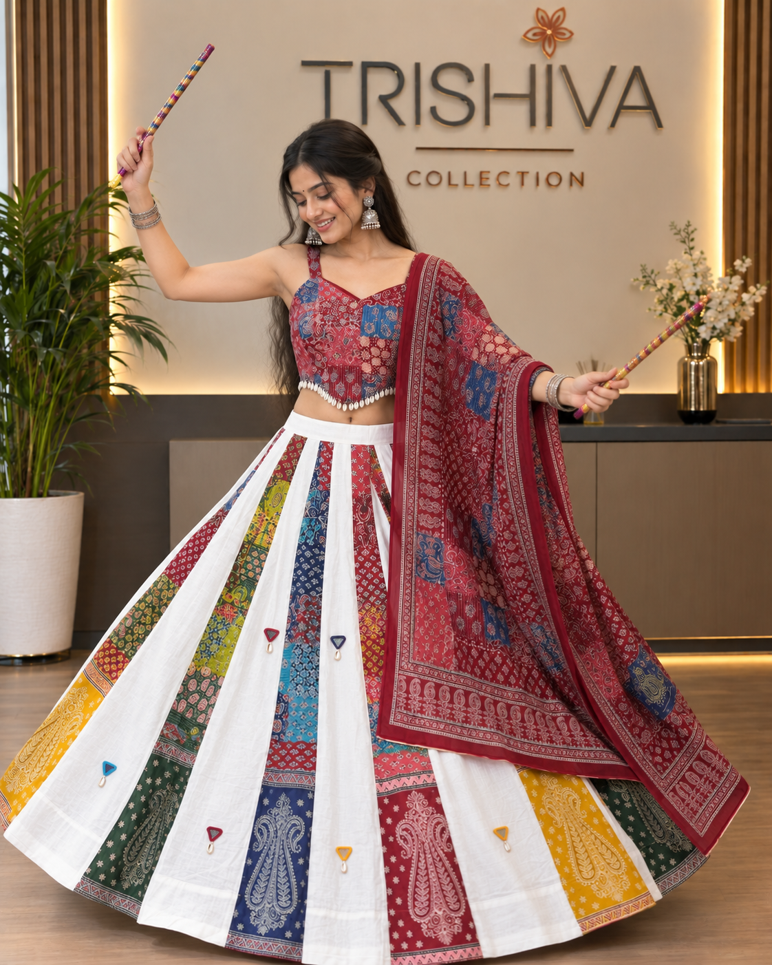Maroon Ajrakh Cotton Lehenga Set with Shell Work, Stitched Blouse & Dupatta