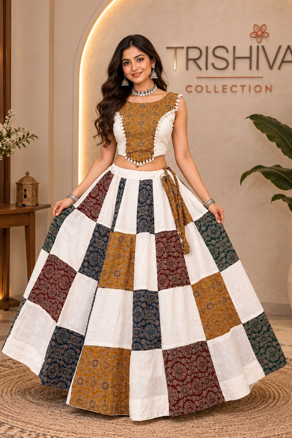 A woman models a Trishiva Collection outfit featuring a sleeveless mustard-gold and white embroidered crop top paired with a voluminous patchwork skirt in white, mustard, navy, and burgundy patterned fabric. The setting is a warm, decorated indoor space with a branded wall backdrop.