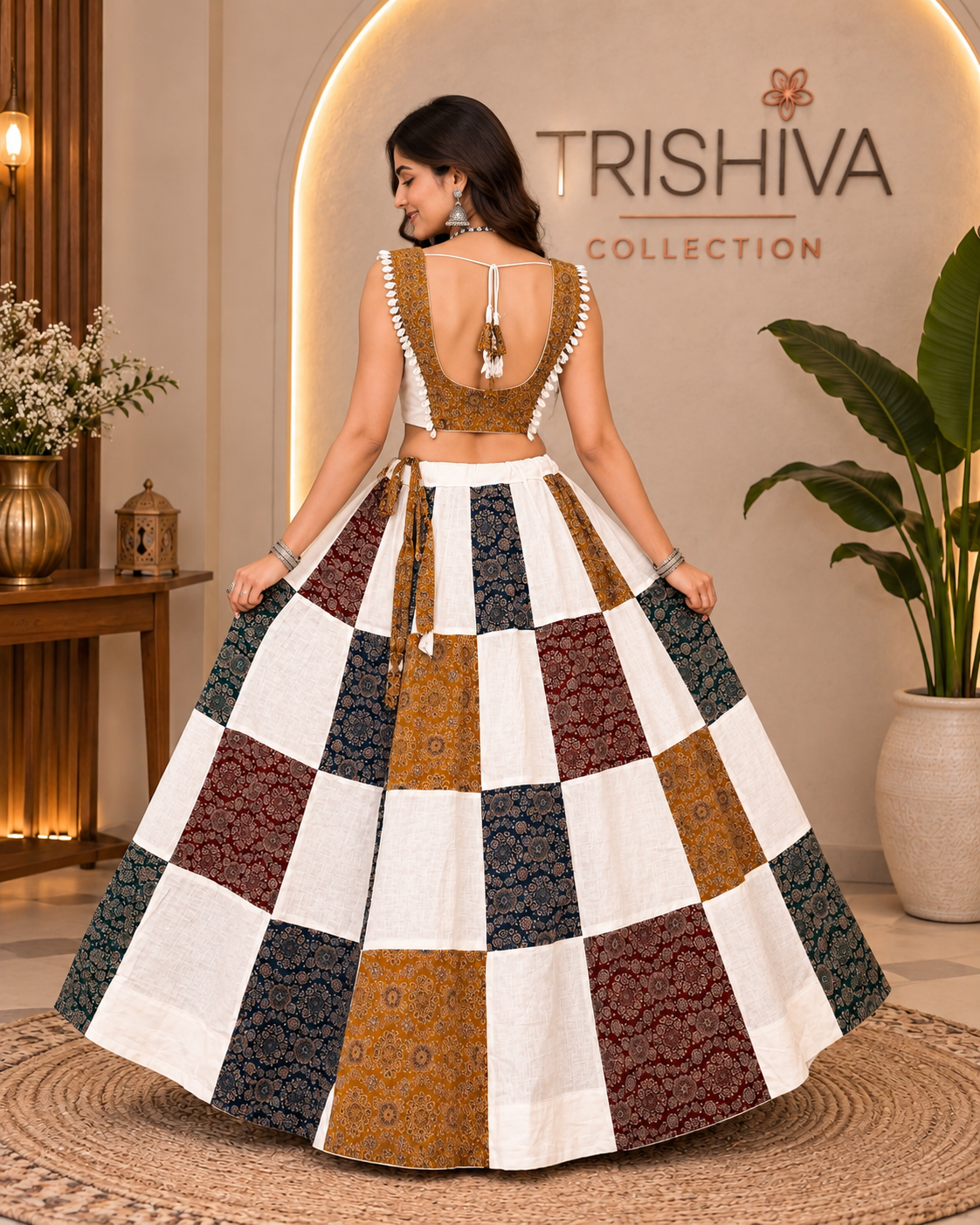 Navratri Special Ajrakh Patchwork Khadi Cotton Chaniya Choli Set (WHITE)