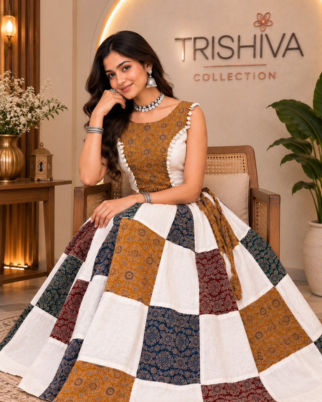 Navratri Special Ajrakh Patchwork Khadi Cotton Chaniya Choli Set (WHITE)