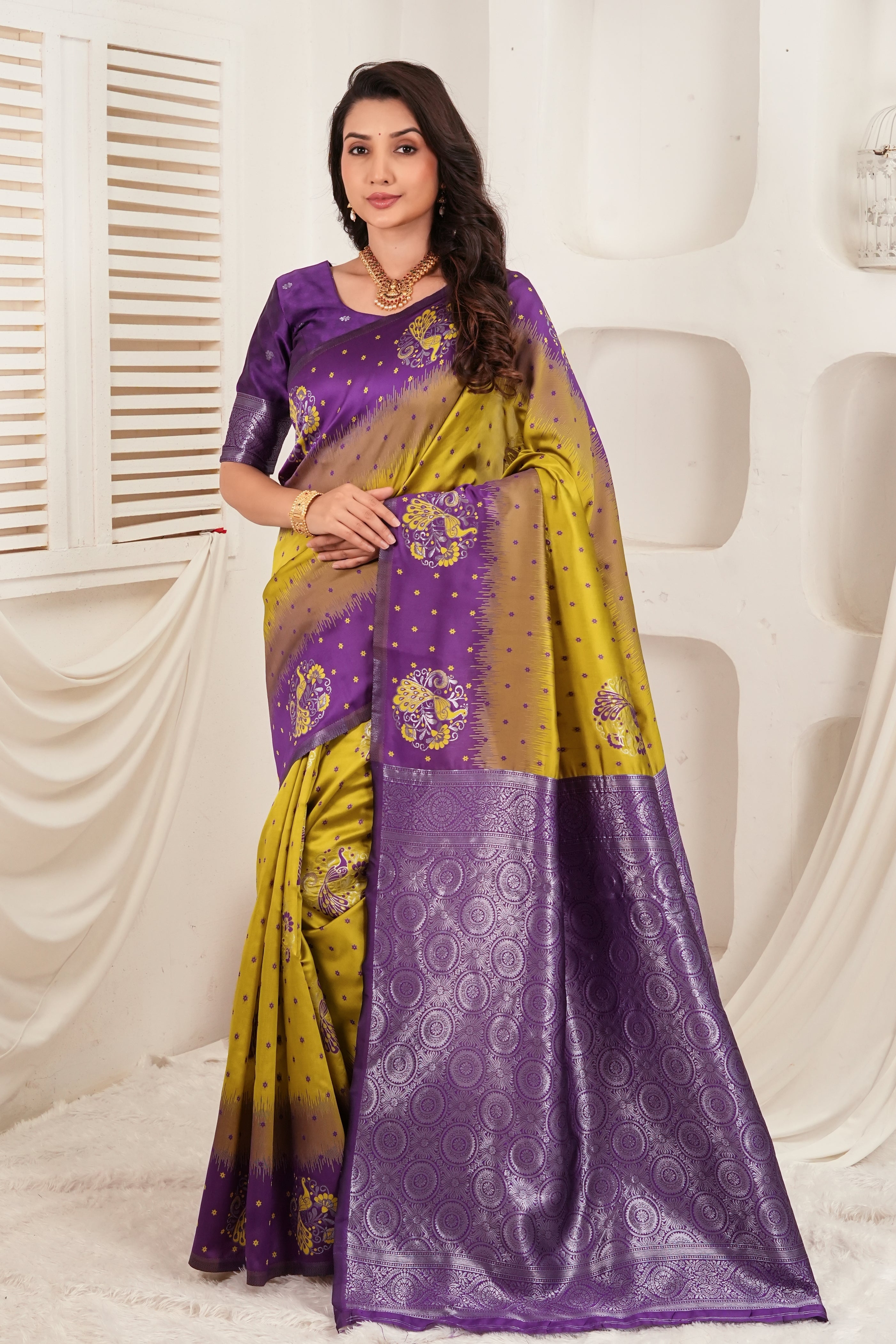 Royal Purple & Olive Jacquard Silk Saree
