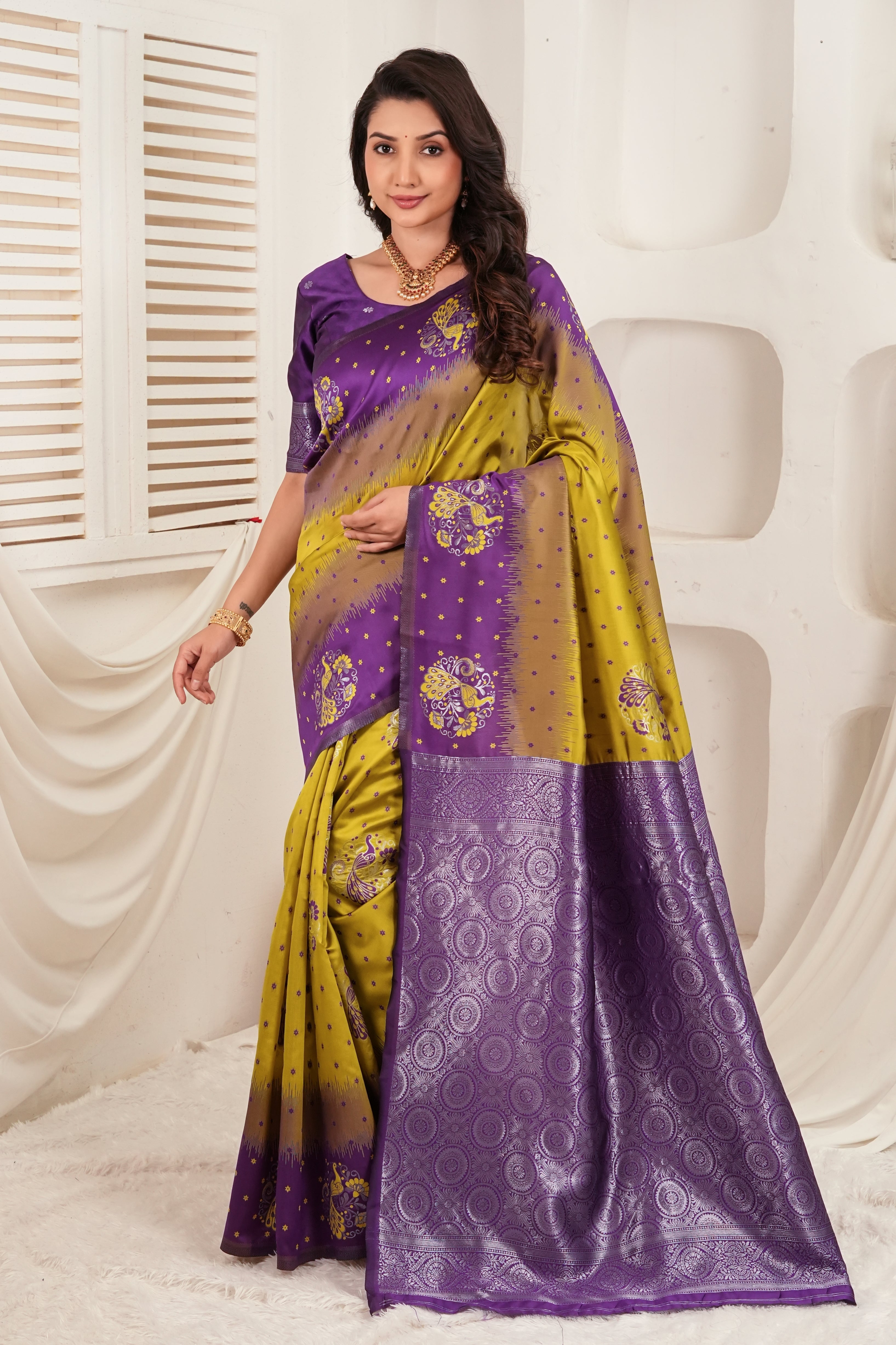 Royal Purple & Olive Jacquard Silk Saree