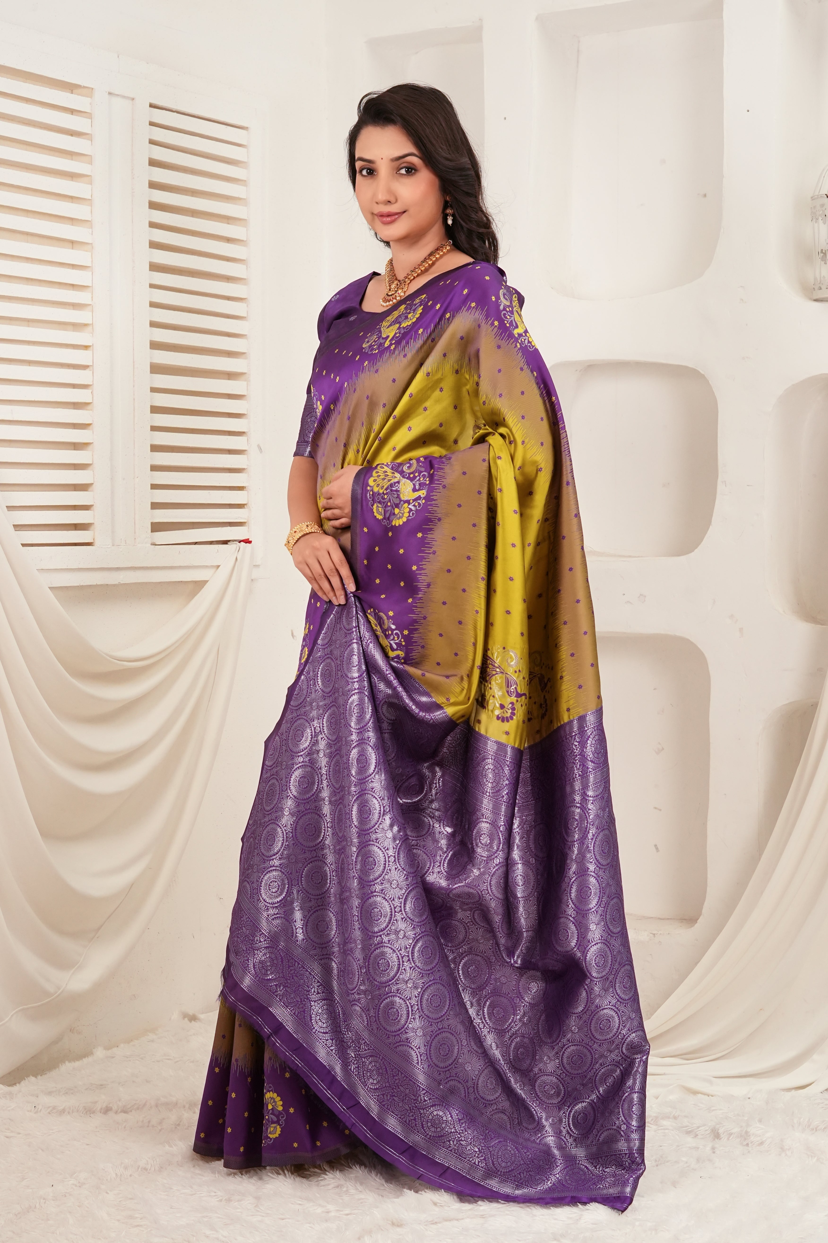 Royal Purple & Olive Jacquard Silk Saree