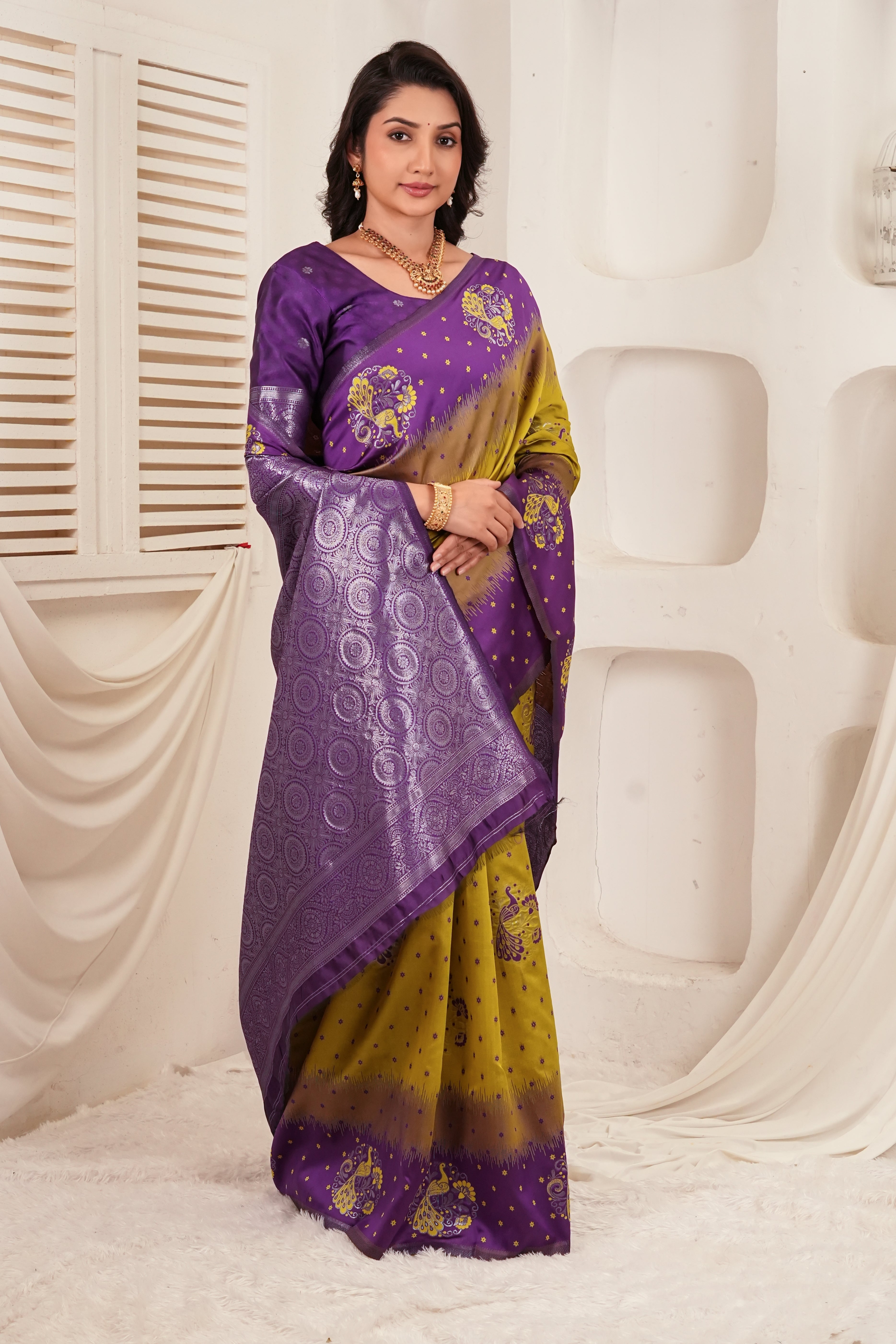 Royal Purple & Olive Jacquard Silk Saree