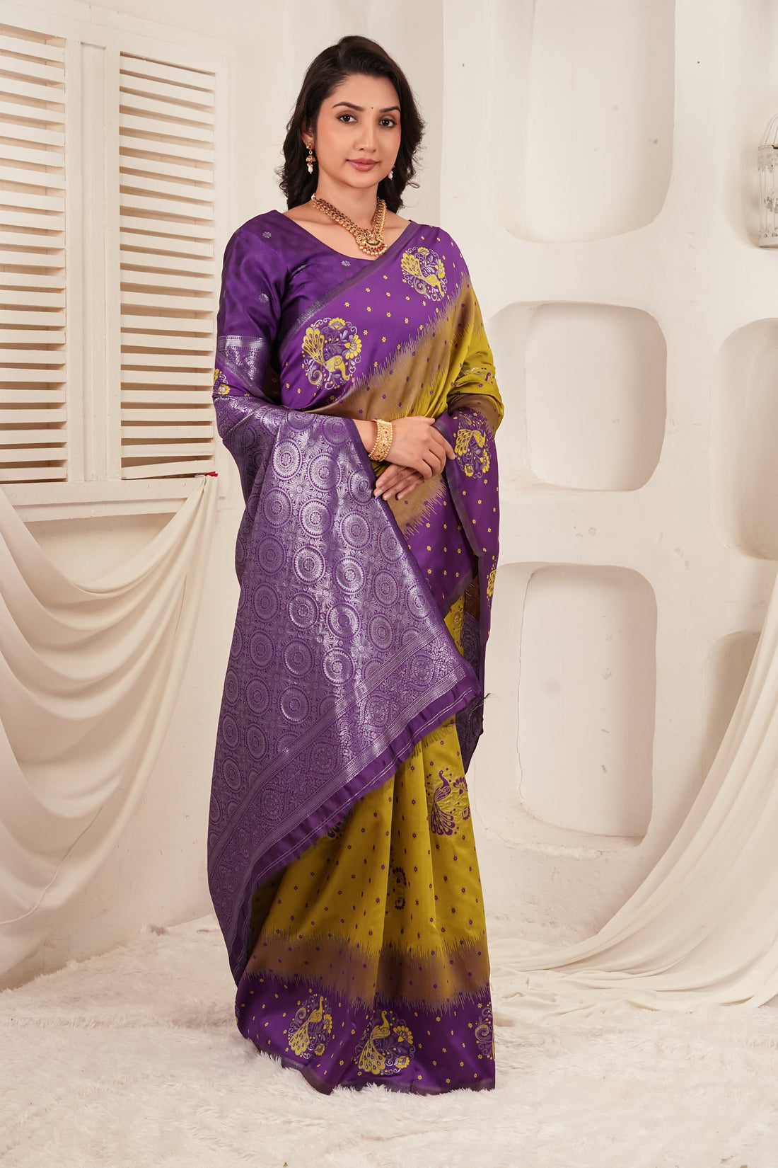 Royal Purple & Olive Jacquard Silk Saree
