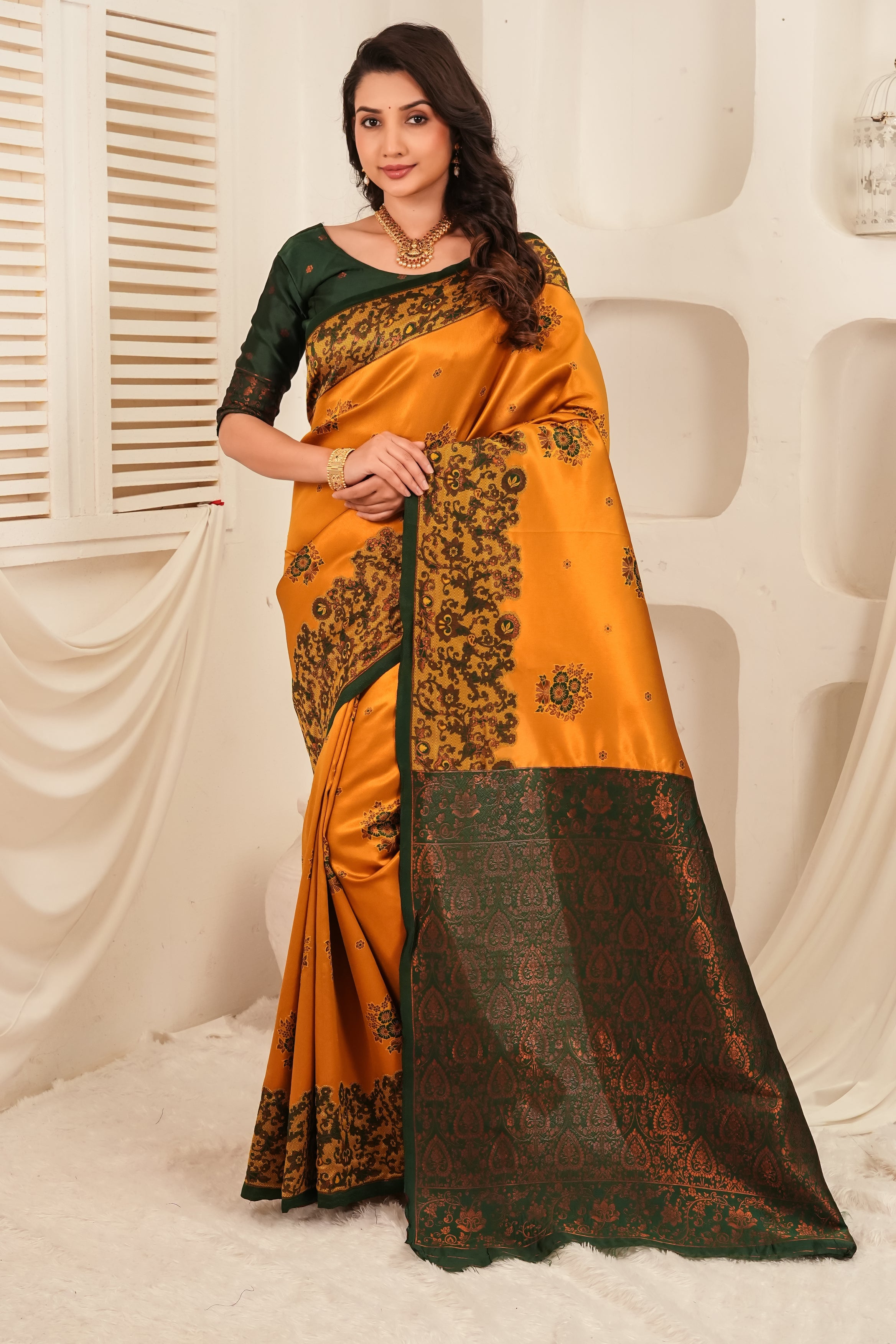 Mustard Gold & Bottle Green Jacquard Silk Saree