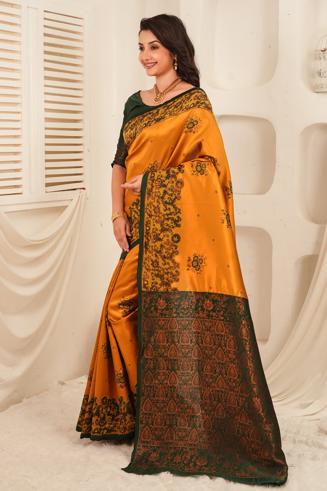 Mustard Gold & Bottle Green Jacquard Silk Saree