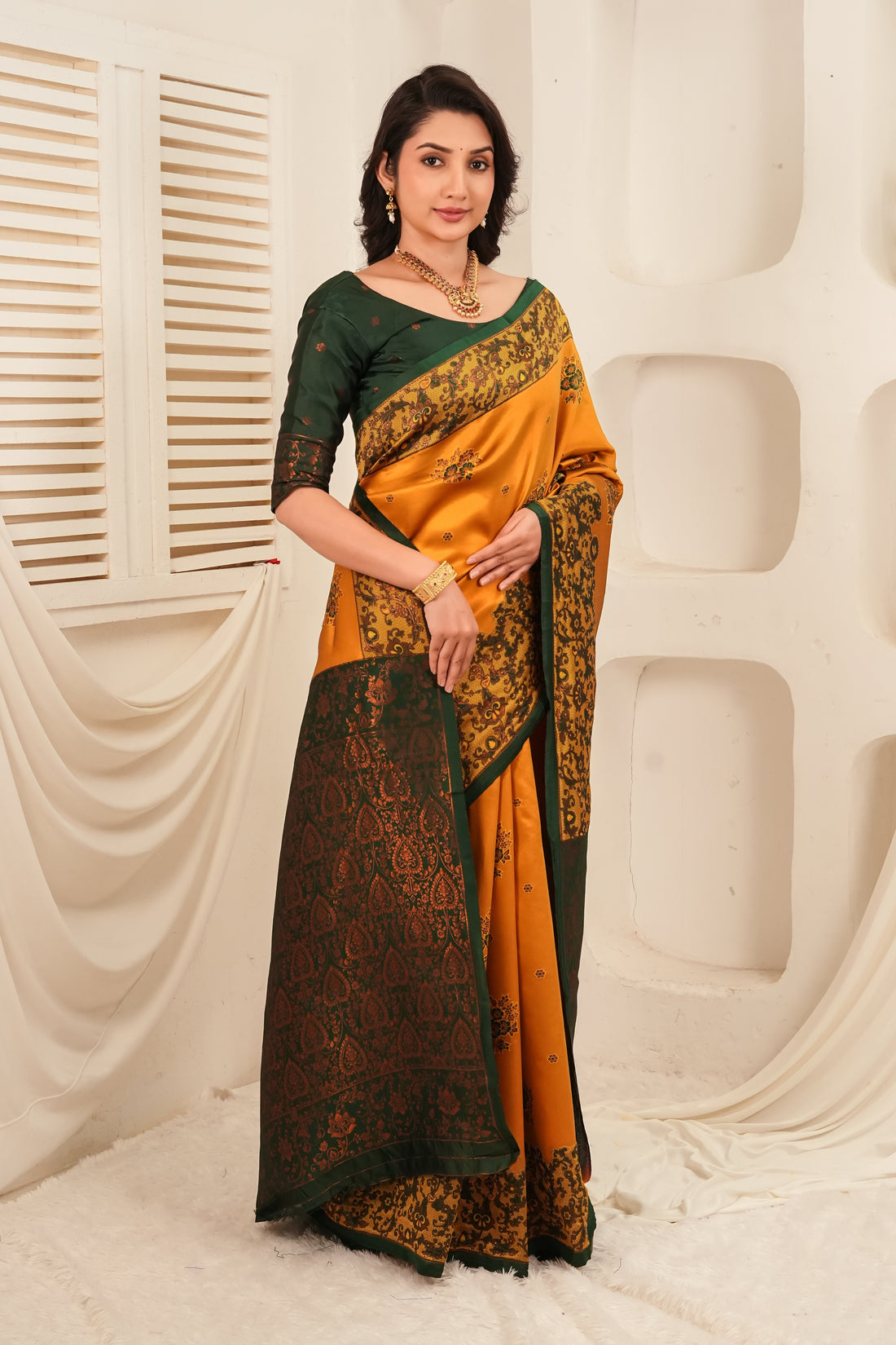 Mustard Gold & Bottle Green Jacquard Silk Saree