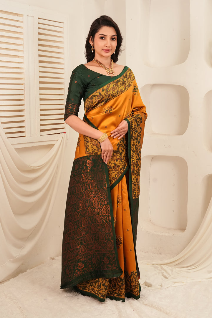 Mustard Gold & Bottle Green Jacquard Silk Saree
