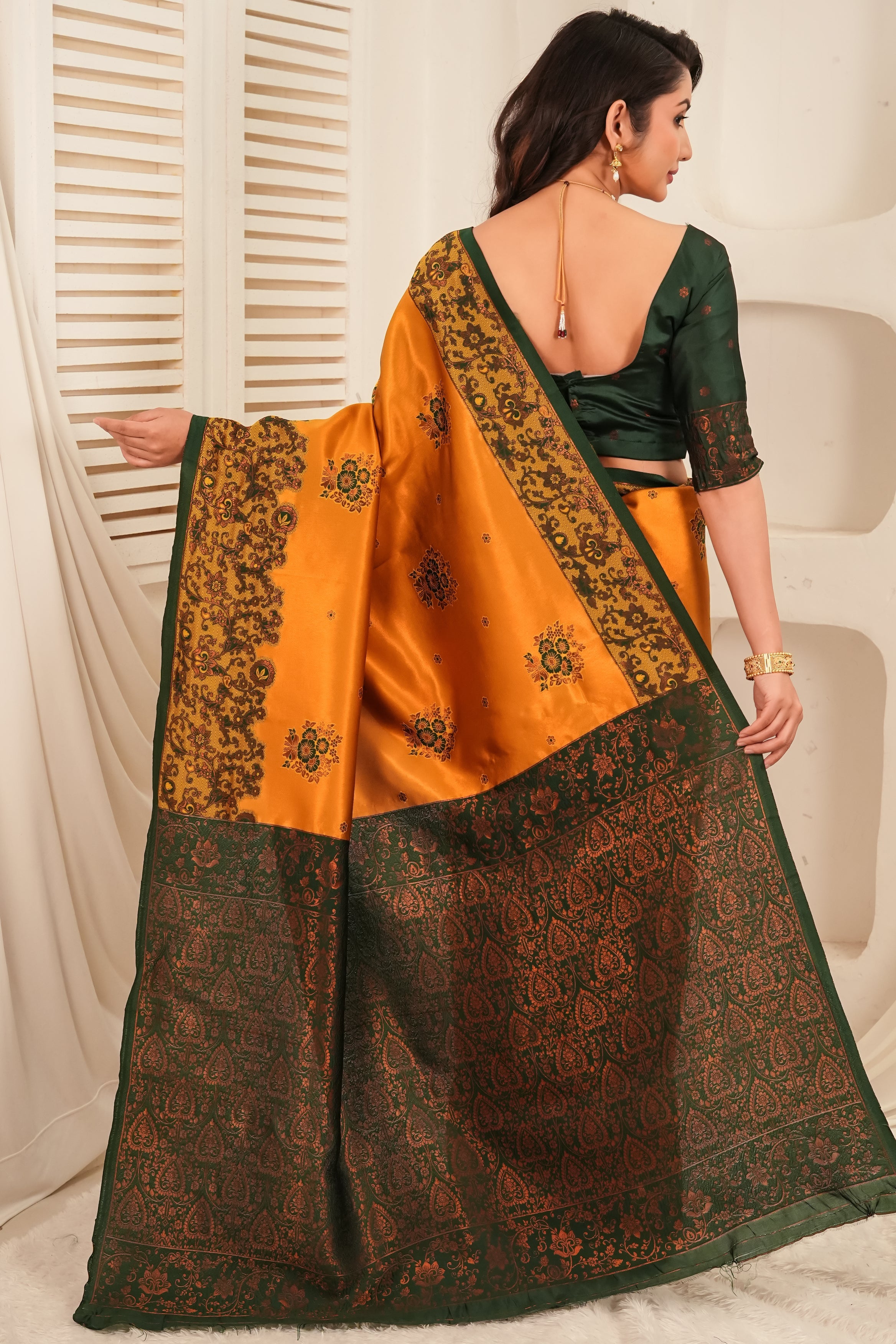 Mustard Gold & Bottle Green Jacquard Silk Saree
