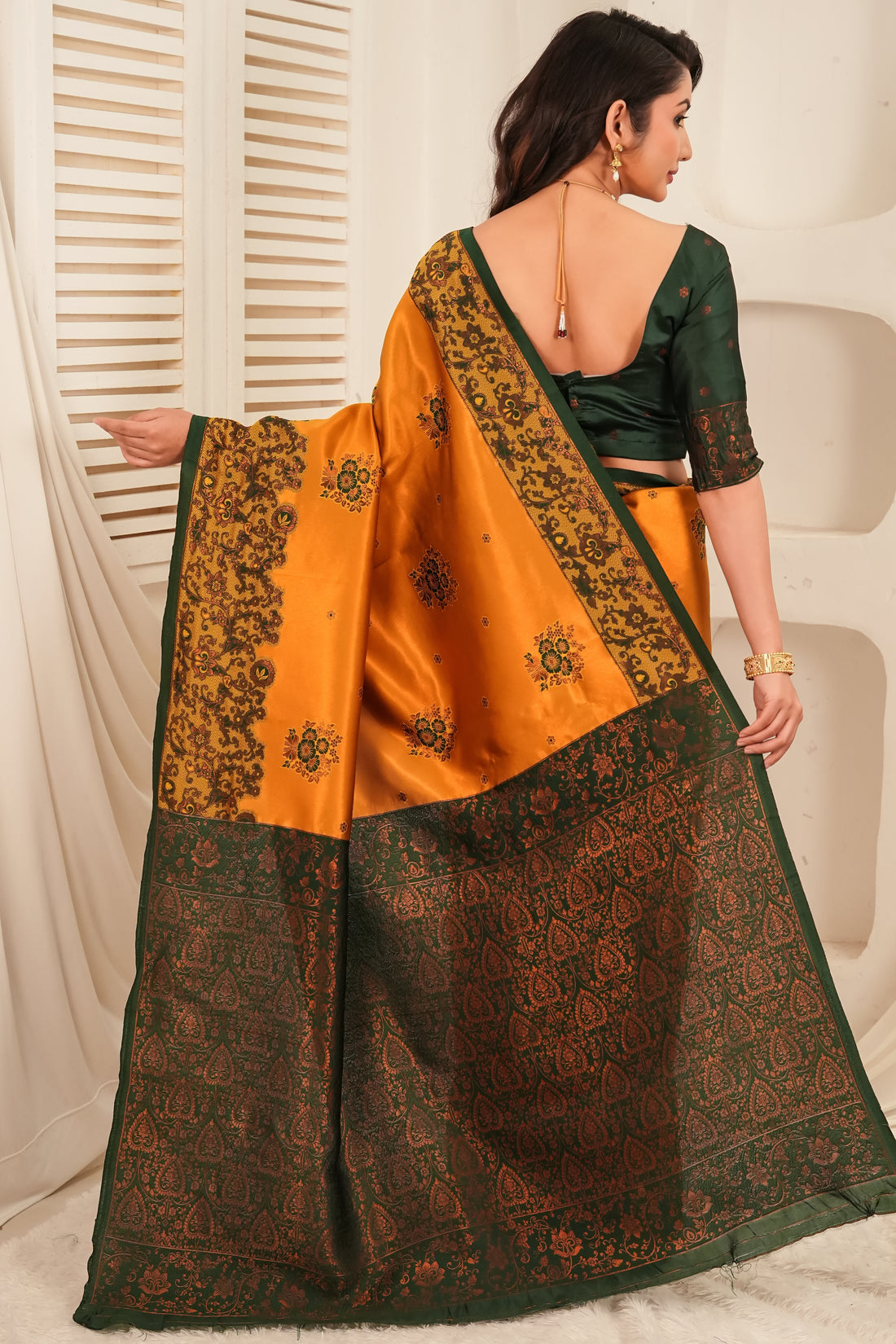 Mustard Gold & Bottle Green Jacquard Silk Saree