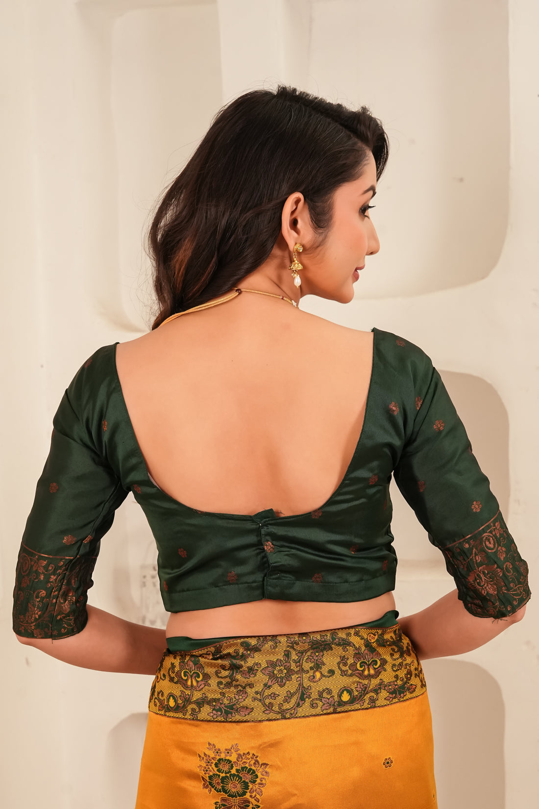 Mustard Gold & Bottle Green Jacquard Silk Saree