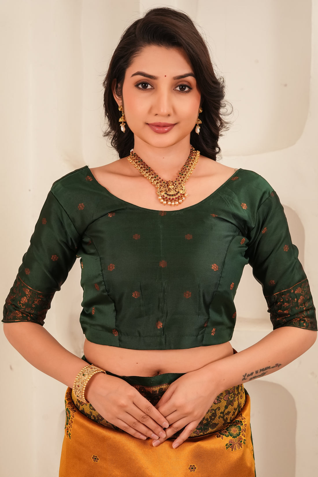 Mustard Gold & Bottle Green Jacquard Silk Saree