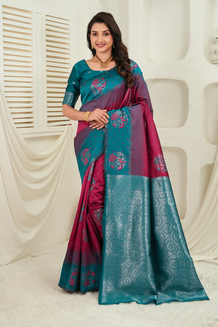 Teal Green & Wine Jacquard Silk Saree