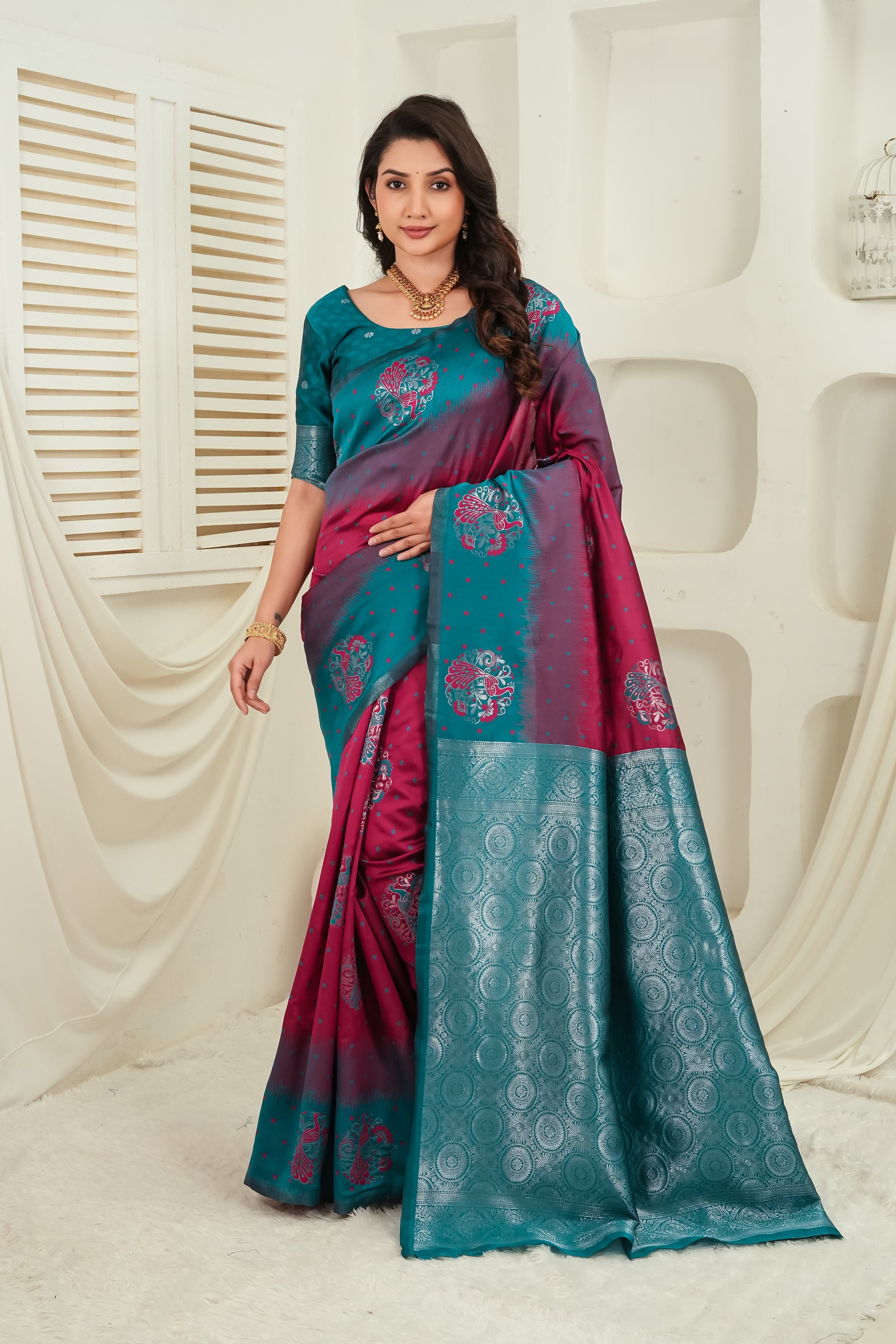 Teal Green & Wine Jacquard Silk Saree